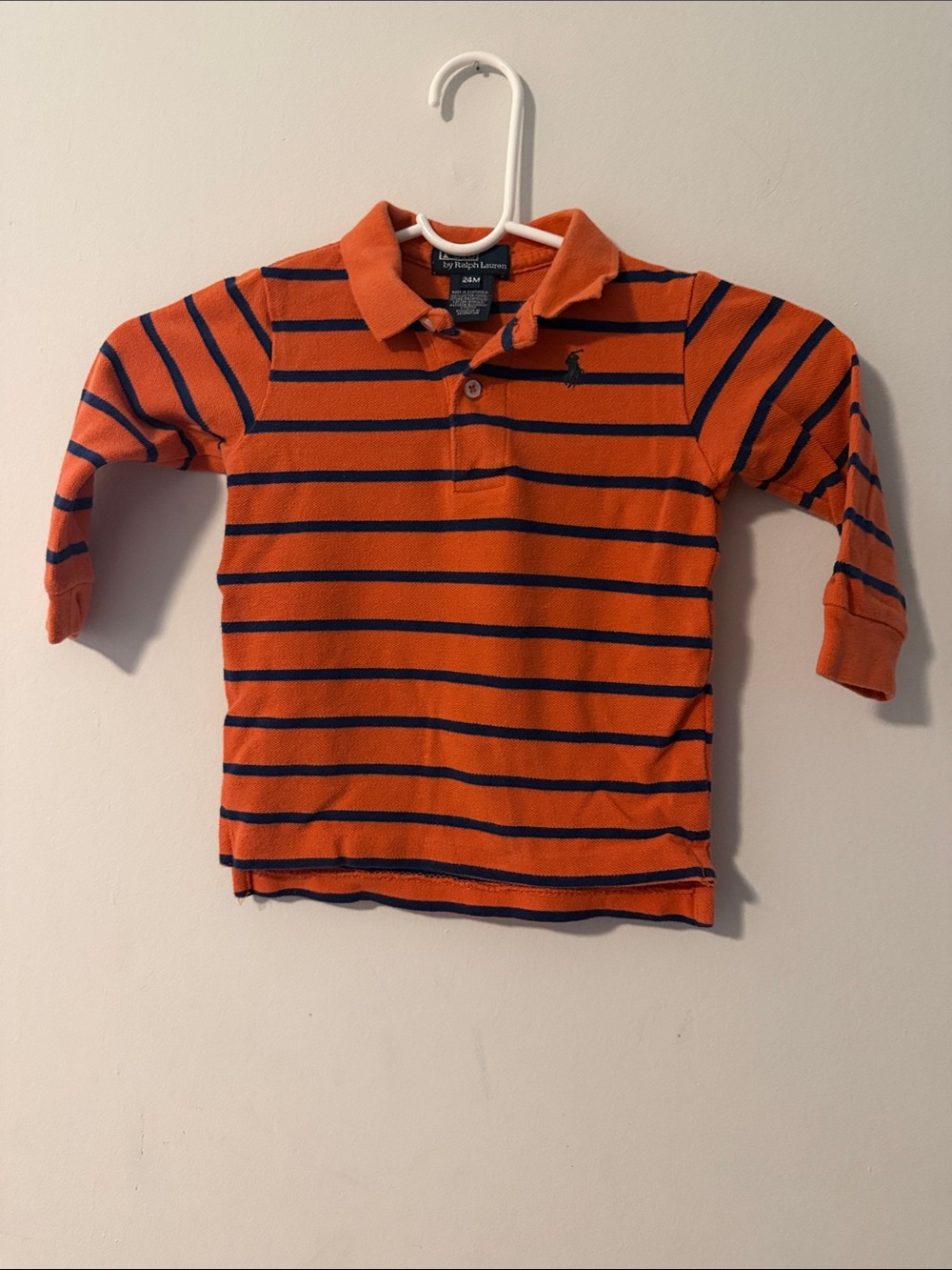 Ralph Lauren Orange Polo with Navy Stripes - Kids Long Sleeve